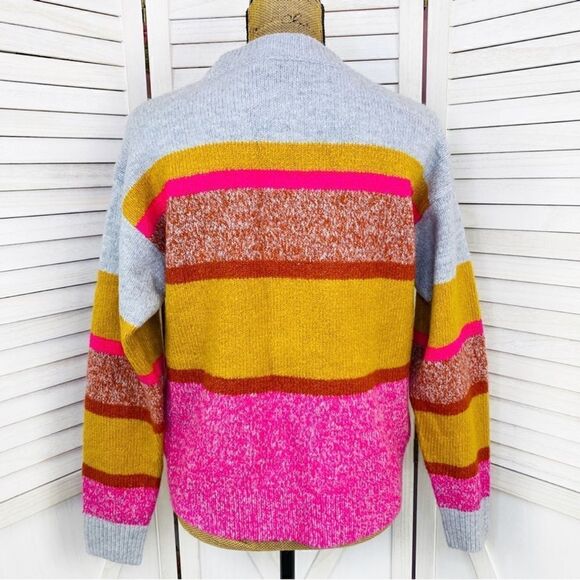 Lou & Grey for Loft Multi Stripe Chunky Knit Sweater Gray Yellow Pink Small - Picture 5 of 13